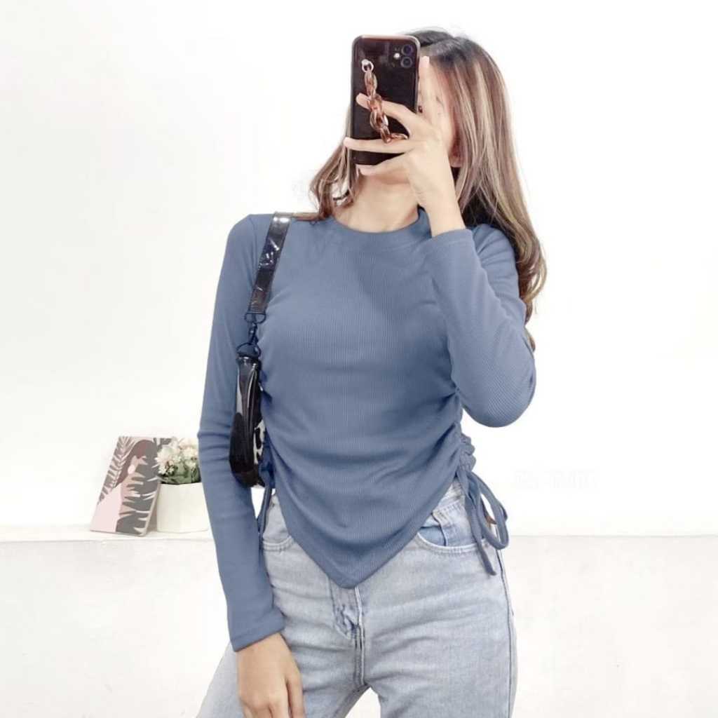 Atasan crop serut samping kiri & kanan lengan panjang kerut tali top knit korea