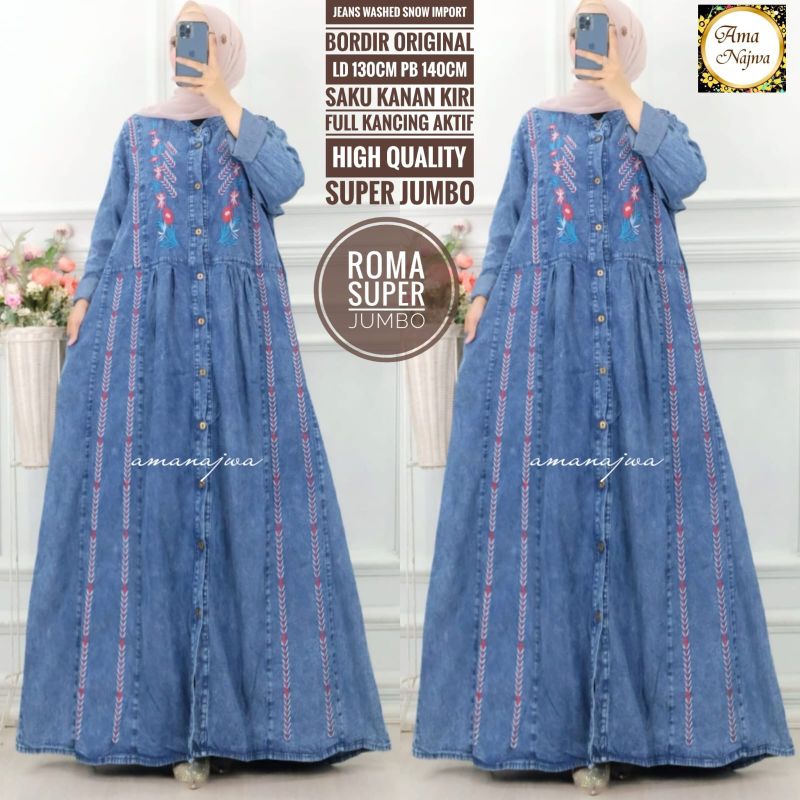 Gamis Jeans Jumbo Bordir Roma Super Jumbo LD 130 By Amanajwa