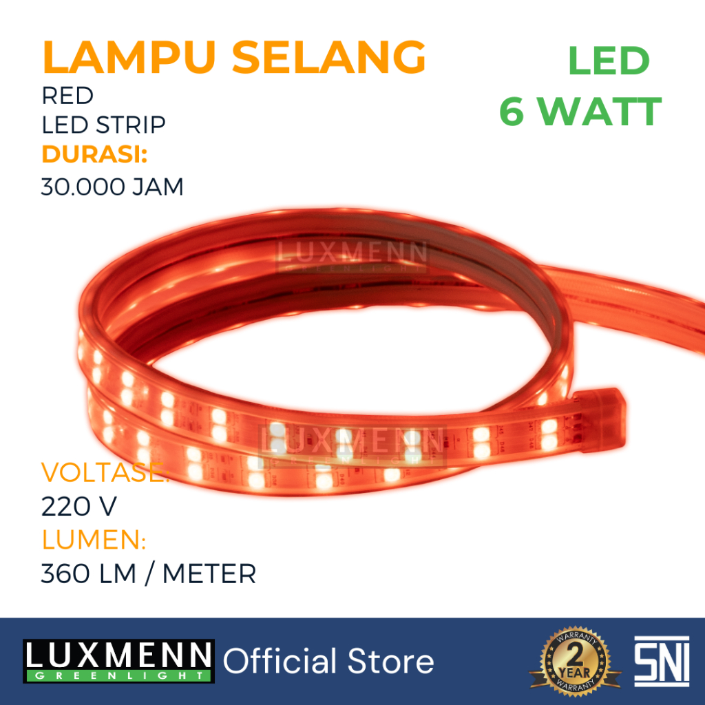 Luxmenn LED Lampu Selang 5050 220V, Seri SL2/6W, 6W/M, Red