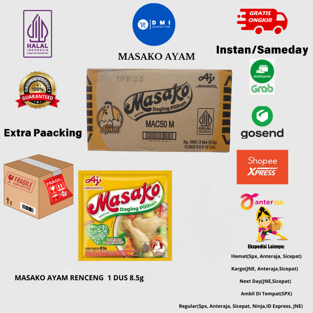 

Masako ayam dan sapi kemasan 8,5 gram 1 dus berisi 60 renceng atau 720 pcs