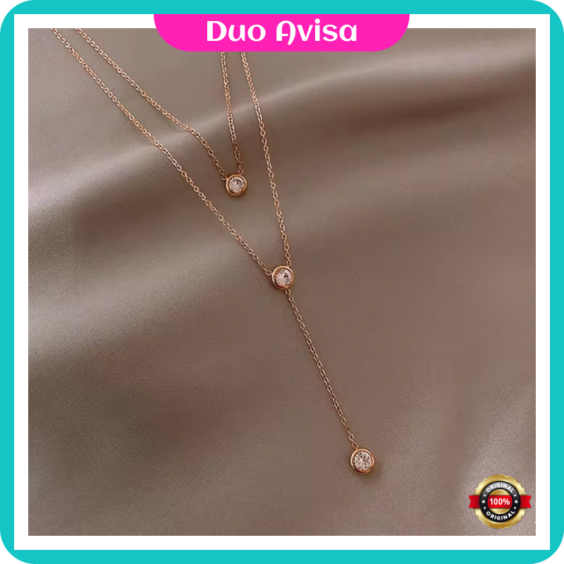 Kalung Perhiasan Emas Titanium Wanita 2 Layer 3 Permata