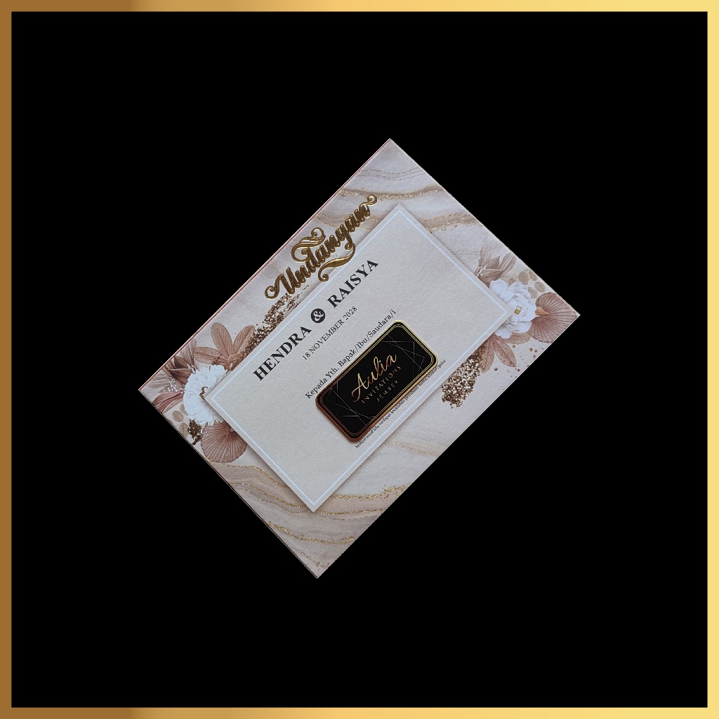 Undangan Pernikahan Amplop Merah Bata Teracota Emboss Poly 3D Warna Emas Motif Floral Abstrak