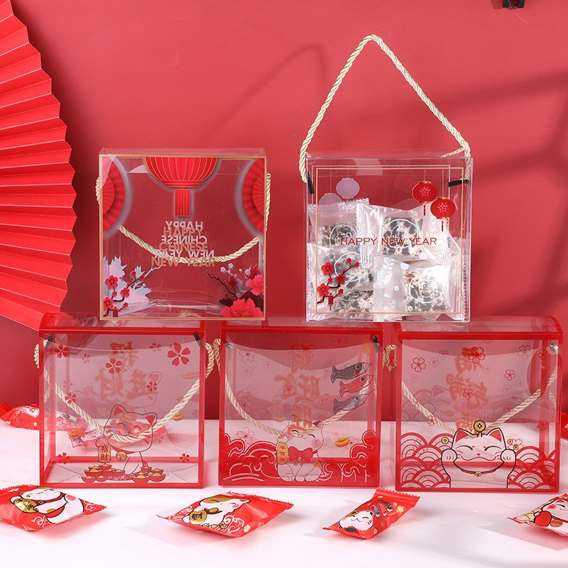 

kotak kue sincia mika box tenteng tranparan motif imlek merah ukuran 14x7x14 cm include tali