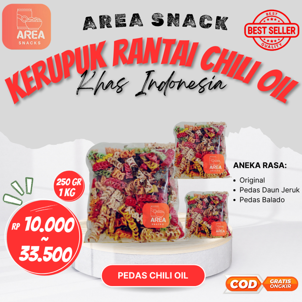 

KERUPUK RANTAI PEDAS CHILI OIL 1 KG 500 GR 250 GR DAUN JERUK SUPER GURIH DAN RENYAH