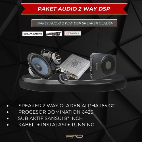 Paket Audio Mobil 2 Way DSP Gladen Alpha 165 G2 + Subwoofer Sansui 8” + Processor Domination 6425 + 