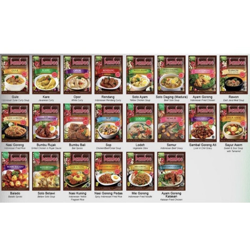 

Bumbu Masakan Instant / Seasoning Spice Mix Bamboe Varian Nasi Goreng, Nasi Kuning, Soto Ayam, Lodeh, Soto Daging, Ayam Bakar Bumbu Rujak, Semur, Kare, Gule, Bali, Opor, Sop, Ayam Goreng, Rawon, Rendang