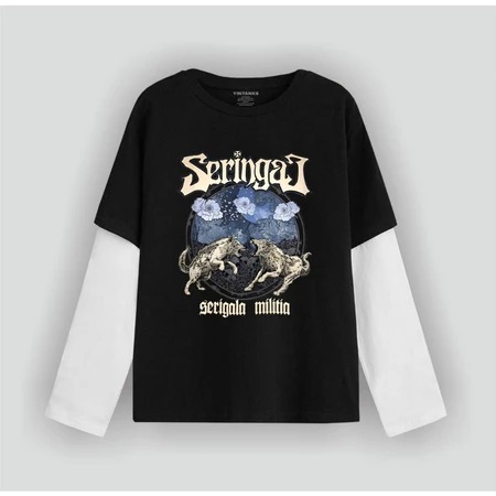 TAKESHI CLOTHING T-shirt Double layer seringai serigala militia long sleeve kaos pria wanita