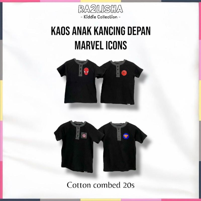 Kaos Anak Kancing Depan / Sablon Logo Marvel Heroes / Kaos Hitam Kancing Depan Anak / Kaos Daily Ana
