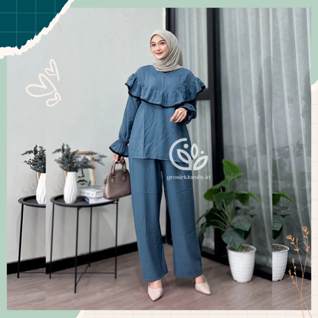 Setelan Long Tunik umbrela One Set Panjang Fashion Muslim Wanita Oneset Kancing Busui Daily Ruffle J