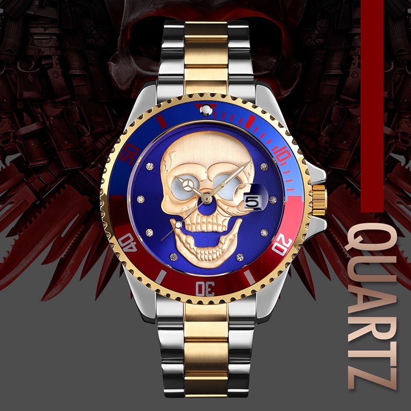 Jam Tangan SKMEI 9195 ORIGINAL Pria Analog Skull Tengkorak Rantai Stainless Cowok