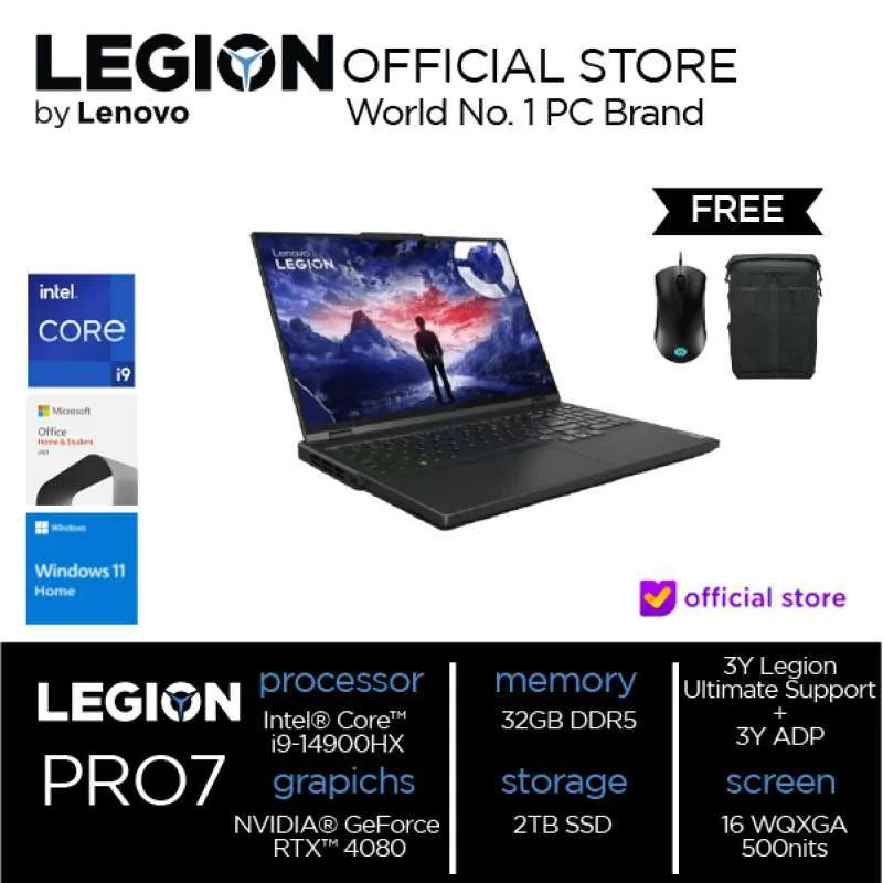 Laptop LENOVO LEGION Pro 7 16IRX9H Intel Core i9-14900HX RAM 32GB SSD 2TB WINDOWS 11 OHS 2021 1BID