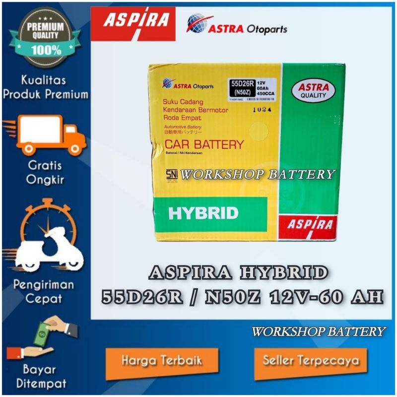 AKI MOBIL TRUK HINO RANGER / BUS / DUTRO. ASPIRA HYNRID N50Z / 55D26R 12V-60 AH.