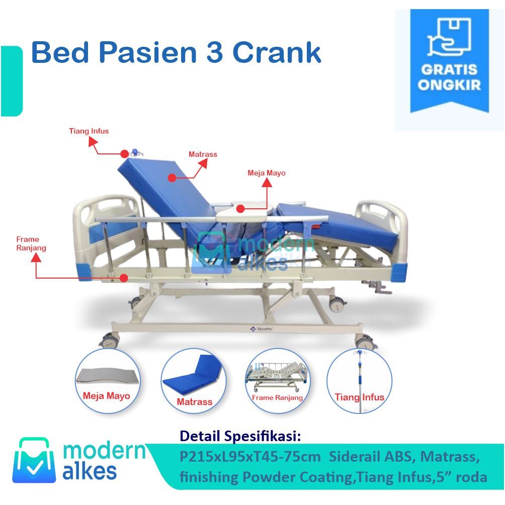 Bed Pasien ABS 3 Crank - Bed Pasien 3 Engkol - Ranjang Medis Pasien Rumah Sakit 3 Fungsi - Tempat Ti