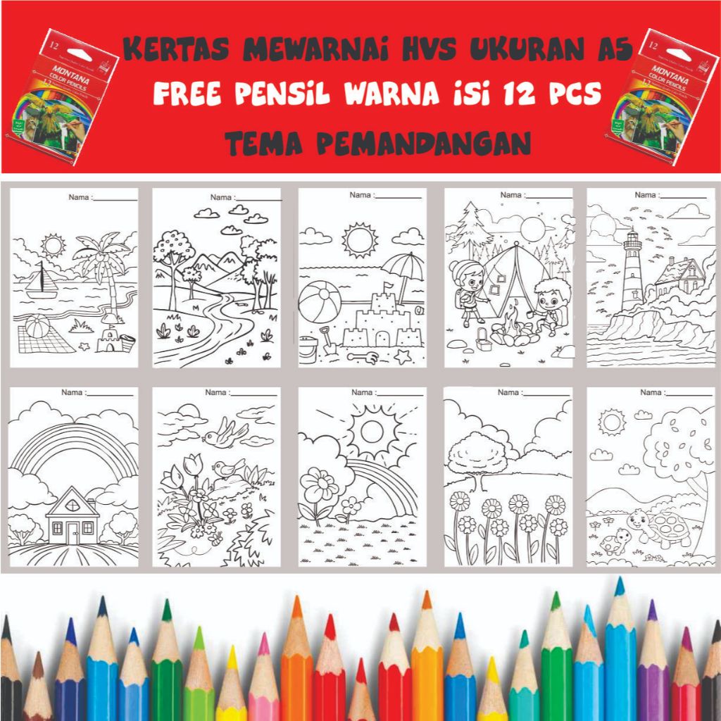 

Gambar Mewarnai kertas hvs ukuran A5 / sketsa / edukasi anak /coloring / Pemandangan