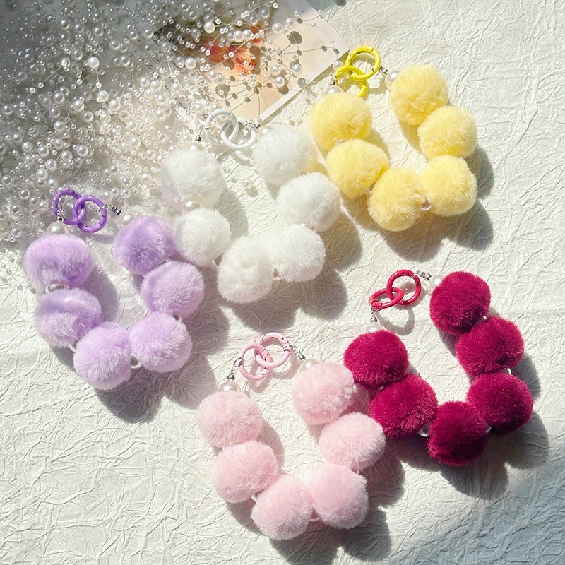 Universal gantungan HP bulu diameter 3.5cm manik cantik Gantungan kunci pom pom mutiara korea mewah 