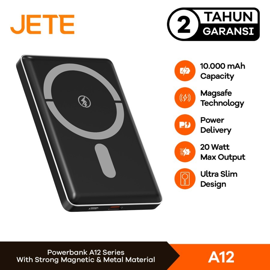 Powerbank JETE A12 Wireless Magnetic 10000mAh 20W Fast Charging USB Type C Power Bank Slim Metal