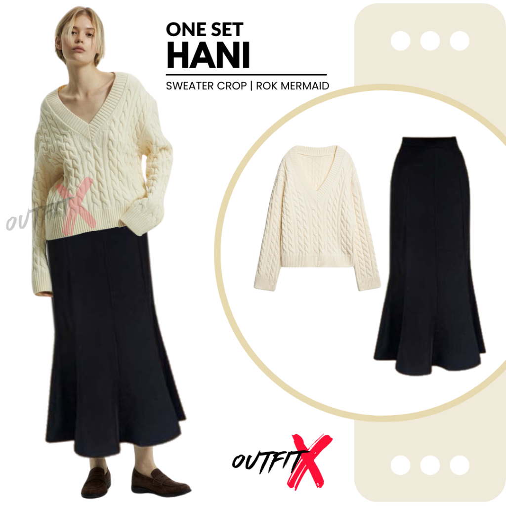 OUTFIT Wanita Korean Style One Set Hani OOTD Kekinian Setelan Kampus (Sweater Croop Rok Mermaid)