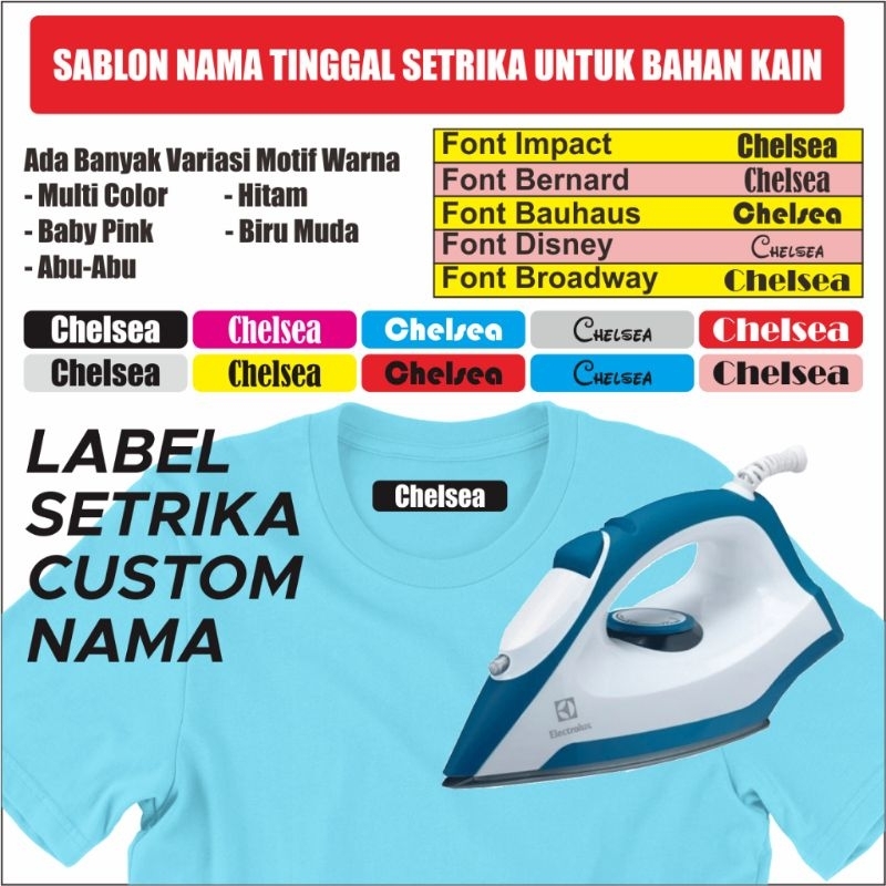 

Sticker Nama Label Printing Kain / kaos Sablon Setrika Isi 50pcs Gratis Custom Nama Bukan Bordir tapi Label DTF Bisa Ditempel