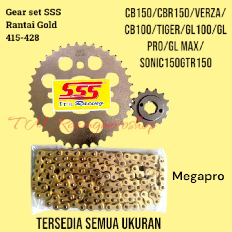 gear set sss 415 428 rantai gold random mega pro/cb150/cbr150 old/cb100/verza/Tiger/gl 100/glpro/glm