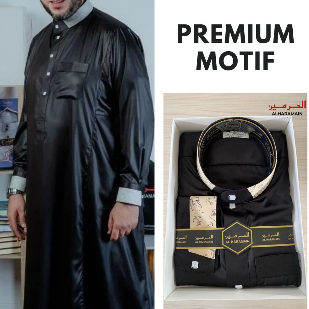 AL Haramain Jubah Premium Polyester ( 70) Manset / Gamis Pria Remaja Dewasa  | Hitam Motif