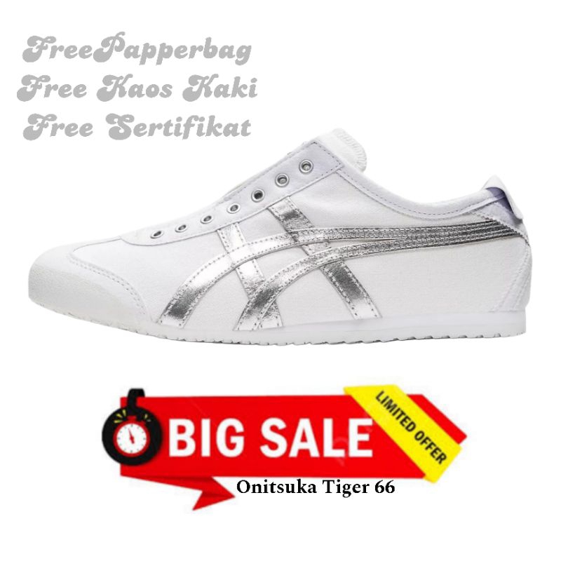 Sepatu onitsuka tiger slip on white silver original sneakers unisex pria wanita