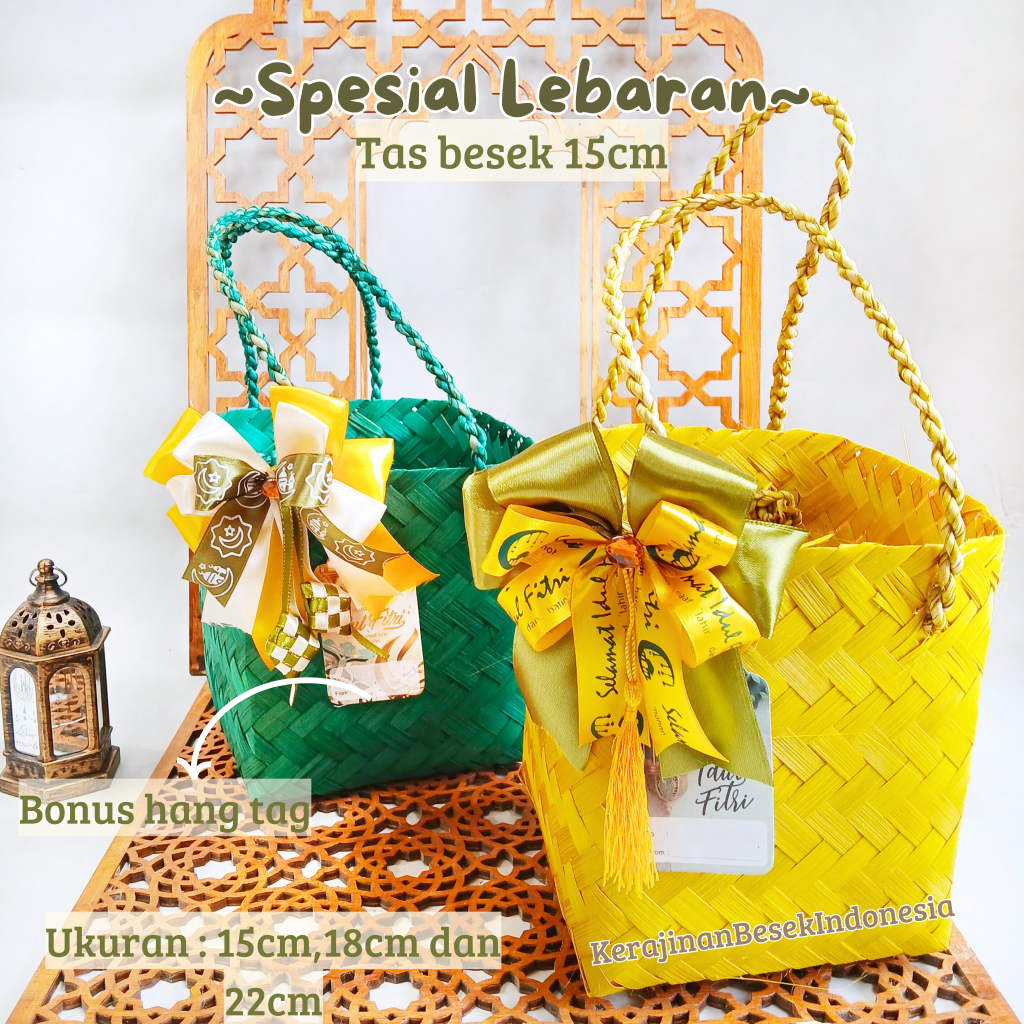 

BANYAK HIASAN GOODIE BAG SPESIAL PARSEL BINGKISAN LEBARAN IDUL FITRI 2025 FREE TAG Tas besek 15cm,18cm,22cm warna pita hampers toples kue kering