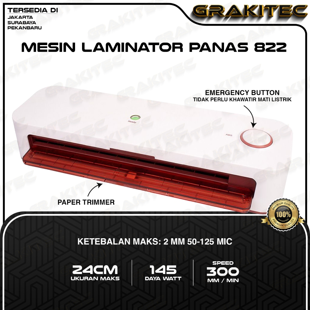 

Mesin Laminating A4/F4 4in1 (230mm) 821/822/825 Fitur Combo Laminating + Paper Trimmer + Emergency Button
