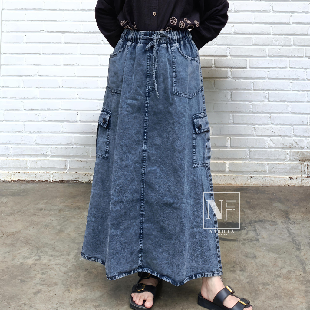 Nabilla Official – Rok Cargo Jeans A Standar – Pinggang Full Karet – Snowblue Snowblack