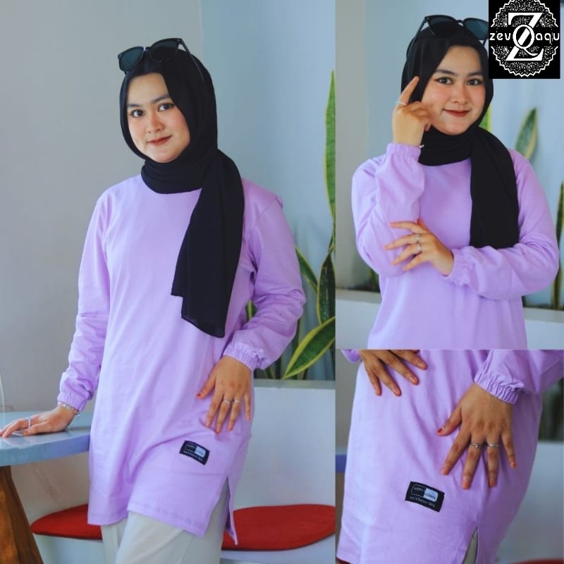 Baju atasan kaos tunik polos Muslim hijab style Lengan panjang motip belah samping bahan katun combe