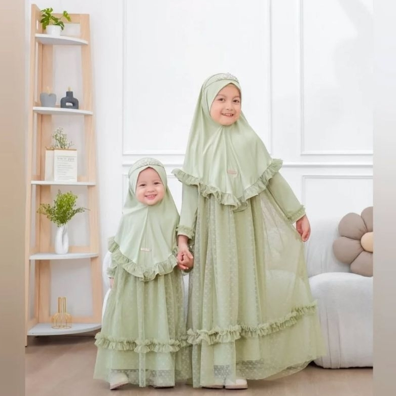 AYESHA DRESS KIDS + SET  KERUDUNG / Gamis Muslim Anak Perempuan Bahan Jersey Premium Motiv Tile Dot 