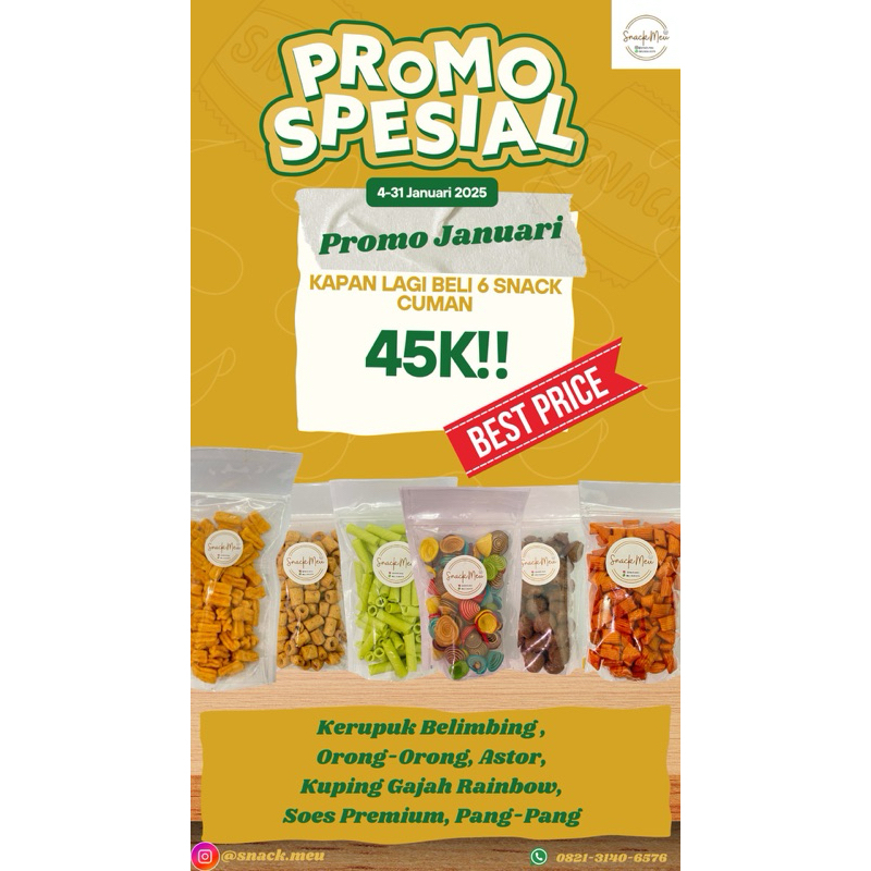 

PROMO PAKET MURAH 6 SNACK HANYA 45K