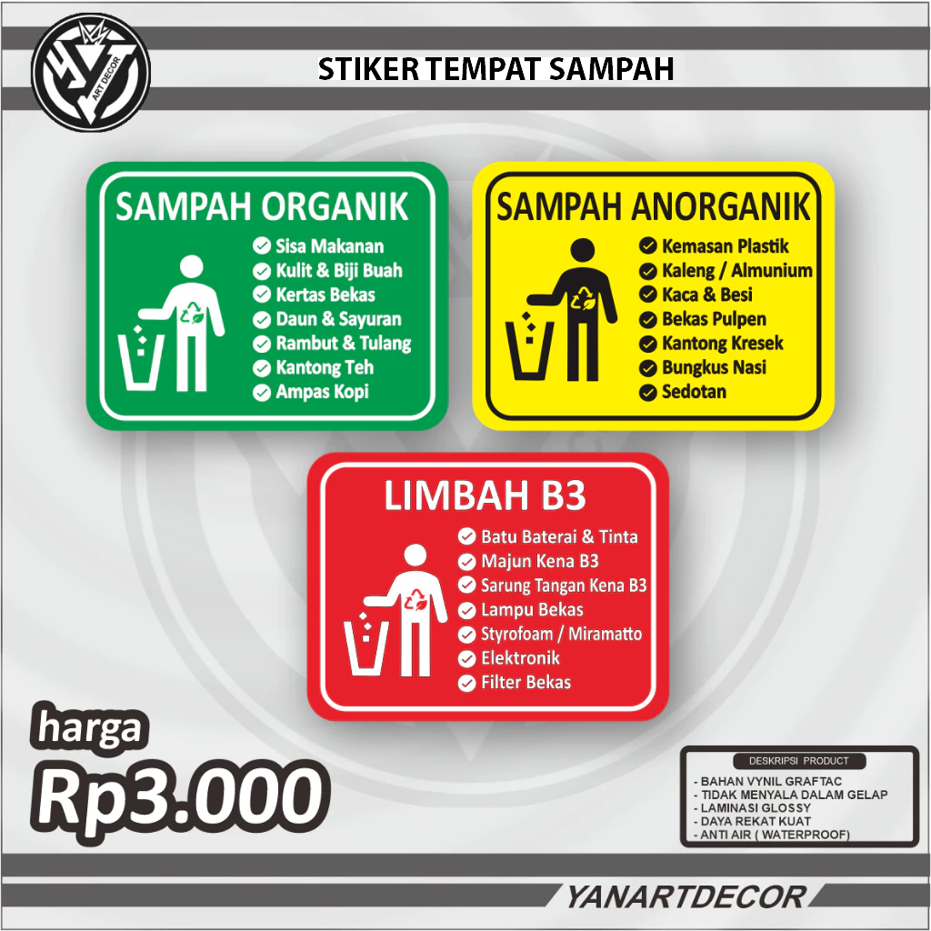 

Stiker Label Tempat Sampah, Stiker Sampah Organik, Stiker Sampah Anorhganik, Stiker Sampah B3
