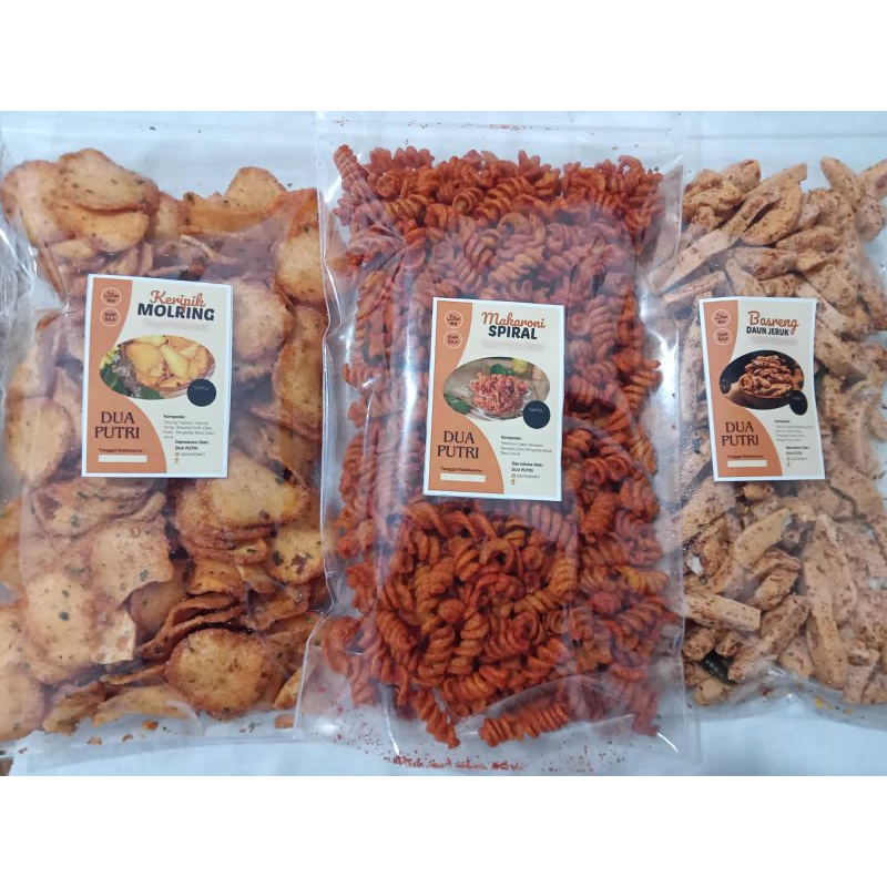 

750gr || Snack Dua Putri Cemilan Hemat Beli 2 Gratis 1 Makaroni Spiral Seblak Kencur Molring Basreng Daun Jeruk Bisa COD