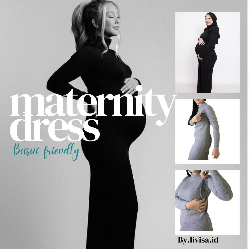Riche- Basic Long Inner Dress Lengan Panjang Busui Friendly/Baju Hamil/Foto Maternity/Model Span