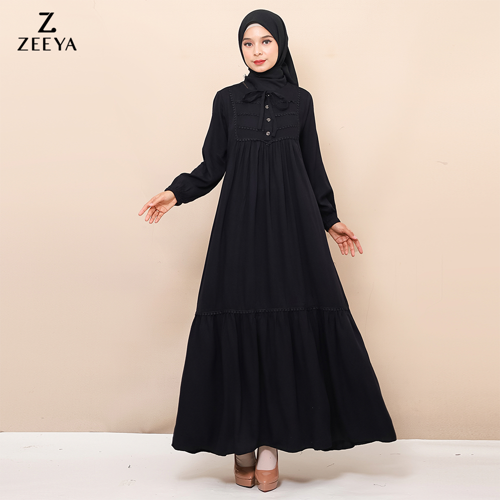 HEMAT Zeeya Collection Zoya Gamis Dress Umroh HItam Polos Rayon Twill Busui Friendly Size M L XL &