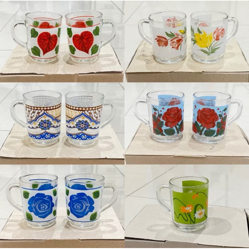 Satu set gelas gagang kaca isi 6 motif kopi bunga batik