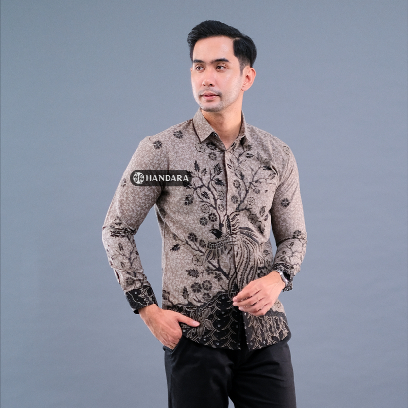 TERBARU Handara Batik Premium Pria Lengan Panjang Slim Fit Furing - Jatra Abu Hitam
