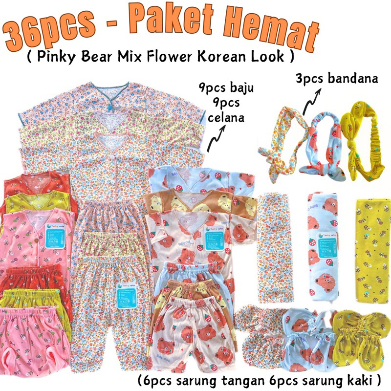 36pcs - Paket Hemat Set SWADDLE Perlengkapan Baju Bayi Baru Lahir lengkap Motif Pinky Bear Mix