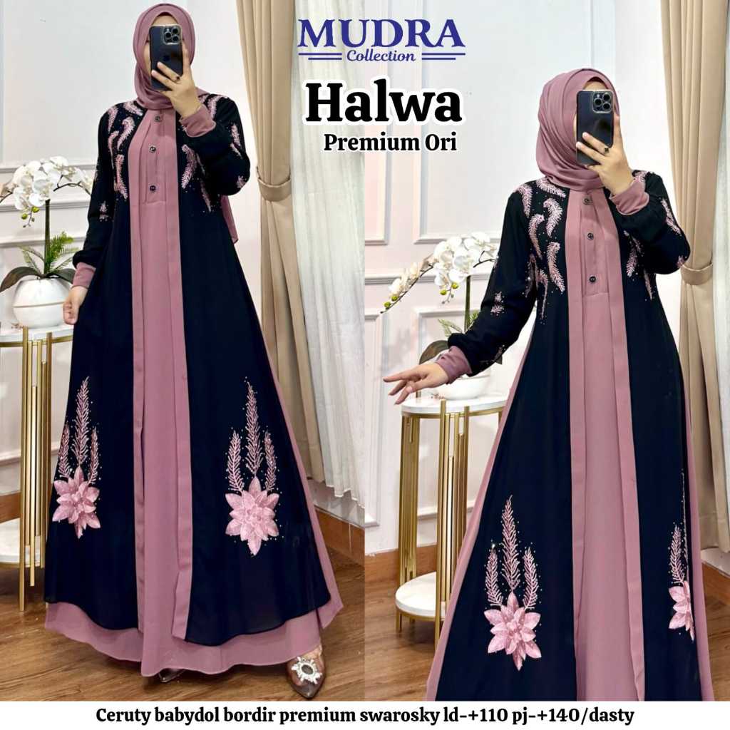 New Halwa Dress Muslim Kondangan Terbaru Motif Bunga Gamis Pesta Jumbo Lebaran 2025 Ceruty