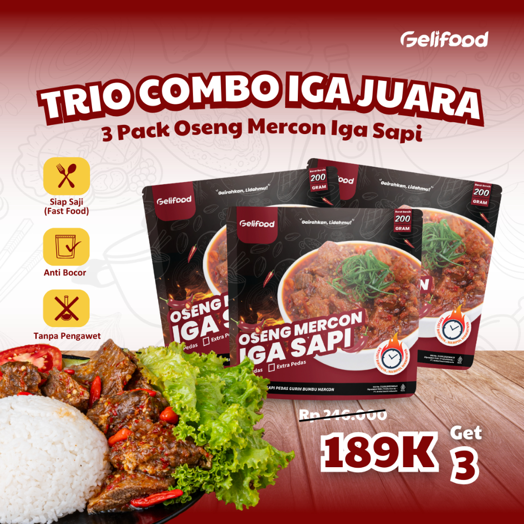 

Gelifood - Paket 3 Pcs Oseng Mercon Iga Sapi Siap Saji 200gr / Kemasan