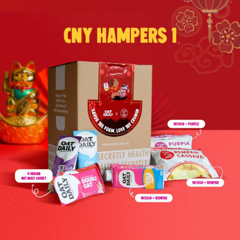 

OAT DAILY x WHOLE CHIPS Hampers Chinese New year - OAT DAILY Barista Edition 250ml, OAT DAILY Sachet 4 varian, WHOLE CHIPS 15g 2 varian