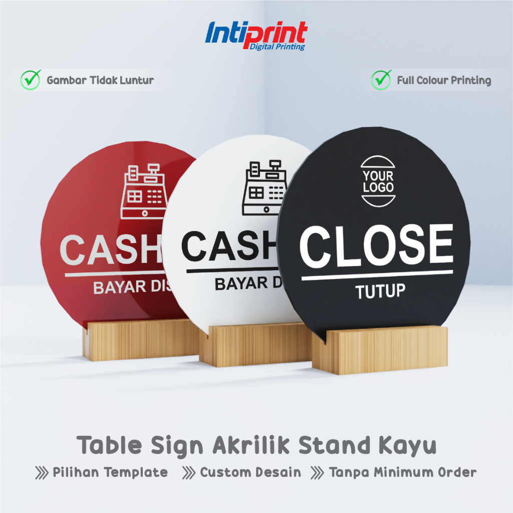 

Table Sign Akrilik Stand Kayu Custom Desain, Logo, Teks PRINT UV - Papan Meja, Acrylic Display