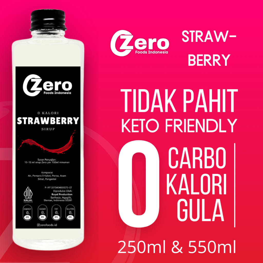 

Sirup Keto Diet 0 Kalori Bebas Gula Sugar Free non Stevia - ZERO - 250 ml, 550 ml Strawberry