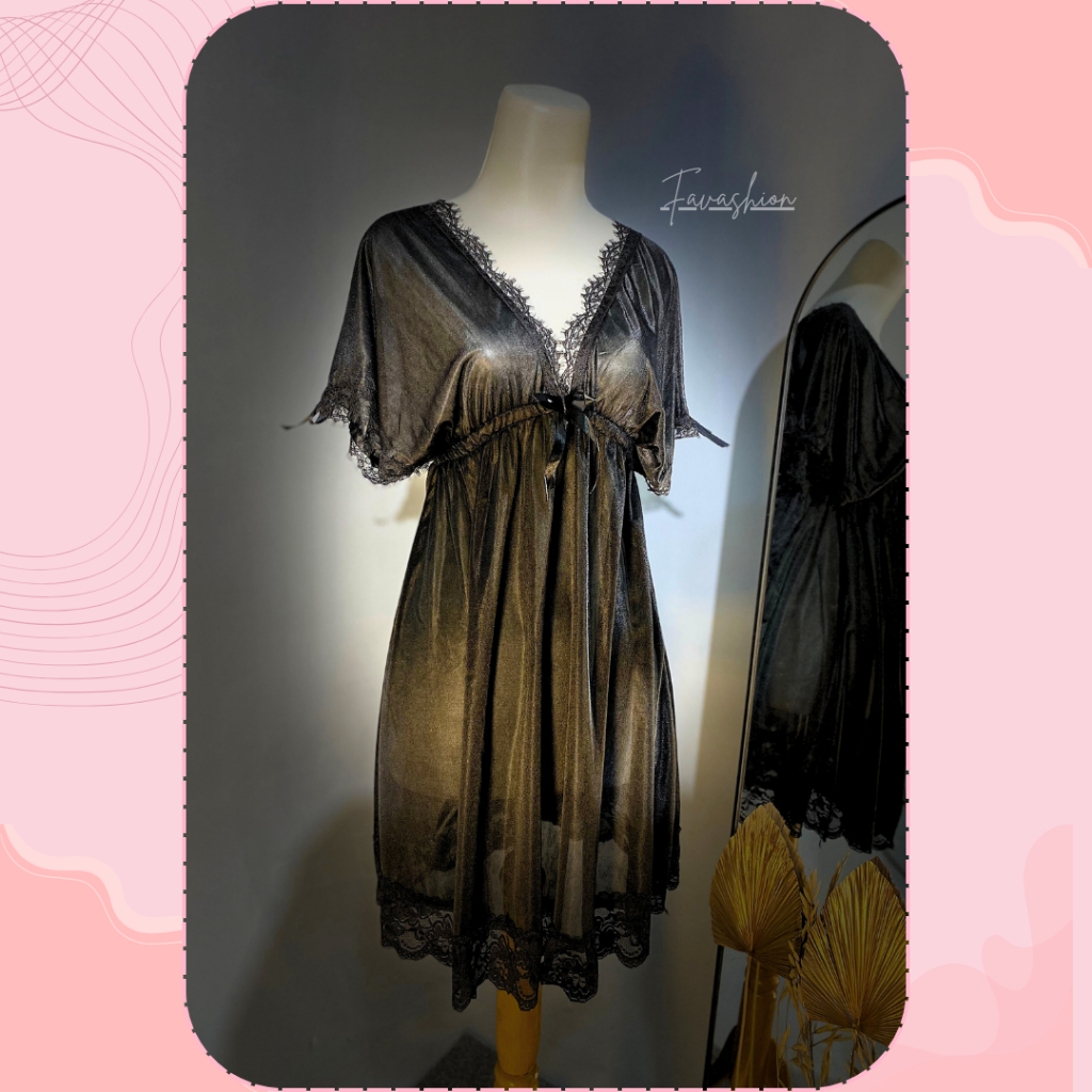 FAVASHION° MAGNOLIAS Sleepwear Mini Dress Sexy Lengan Satin Ice Silk All Size Fit To L (Lingerie)