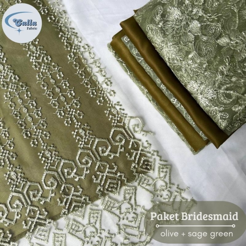 Paket Lengkap Kain Bridesmaid / Kain Satin Velvet Olive + Brukat Tile Sage Green