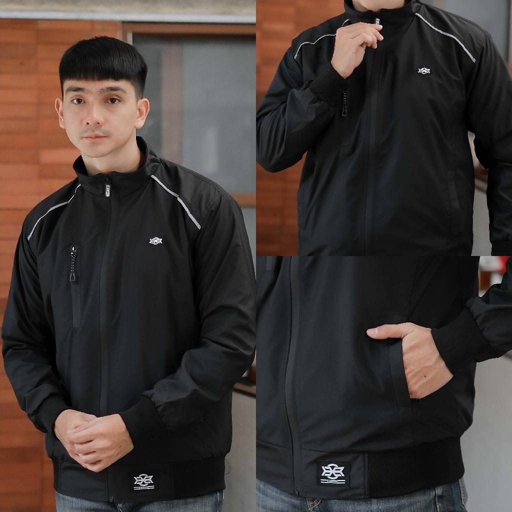 JAKET PRIA WINDBREAKER WATERPROOF HITAM  - HOXER JAKET OUTDOOR WINDBREAKER WATERPROOF PARASUT POLYST