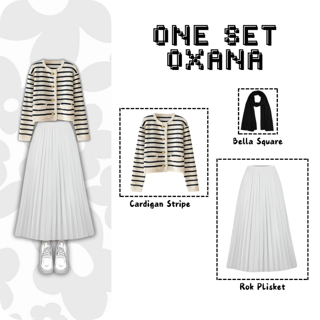 One Set 3 In 1 Oxana Simpel Look Dengan (Cardigan Stripe, Rok Plisket Dan Hijab Bella Square) Inspo 