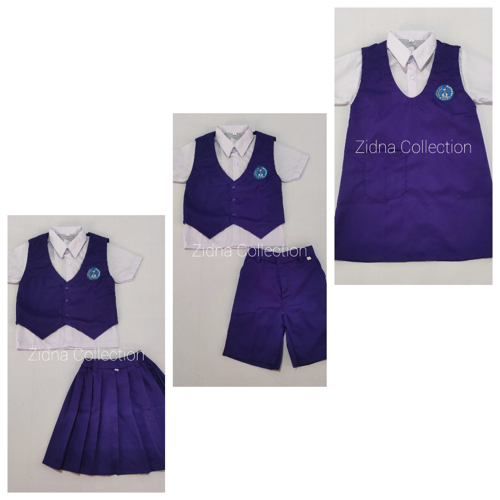 Setelan Ungu Tua Putih Pendek Celana Rok Dress Seragam Sekolah PG TK MI SD