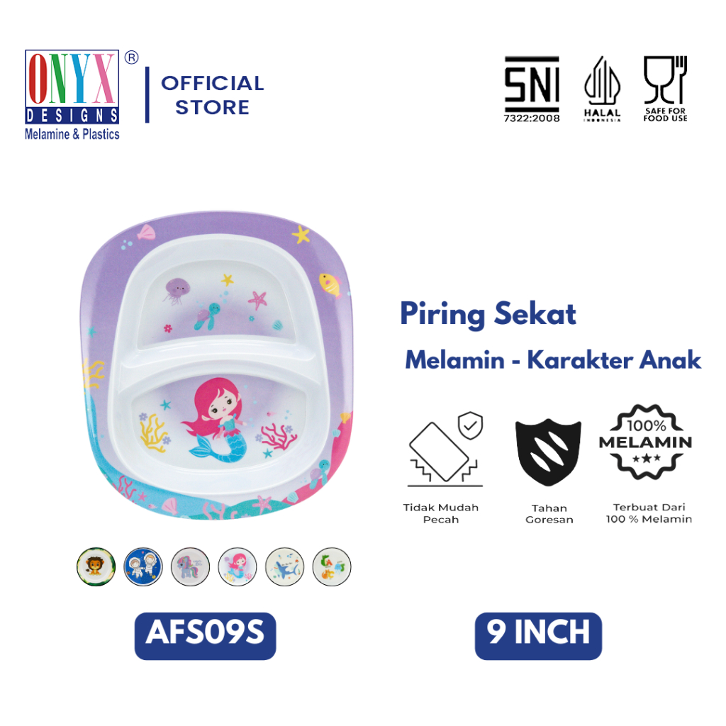 Onyx Seiv, Piring Makan Anak Sekat 9 inch : Melamin, Aman untuk Makanan, Halal, AFS09S Karakter