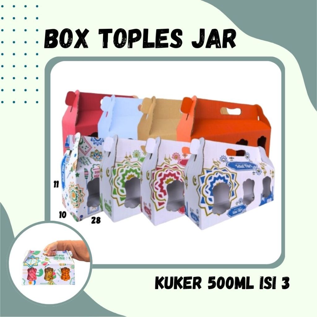 

Box Kuker 28x10x11 Jinjing (KUKER TOPLES JAR 500ml Isi 3) Kardus Kue Kering / Idul Fitri /Hampers / Lebaran / Gable Box Polos/Motif